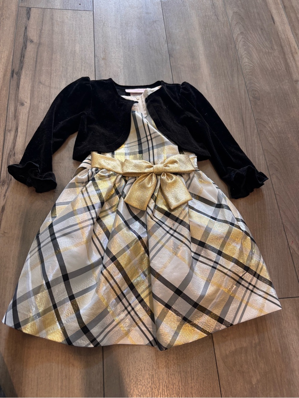 Rare Editions Gold and Black Plaid Formal Dress with Black Velvet Bolero
